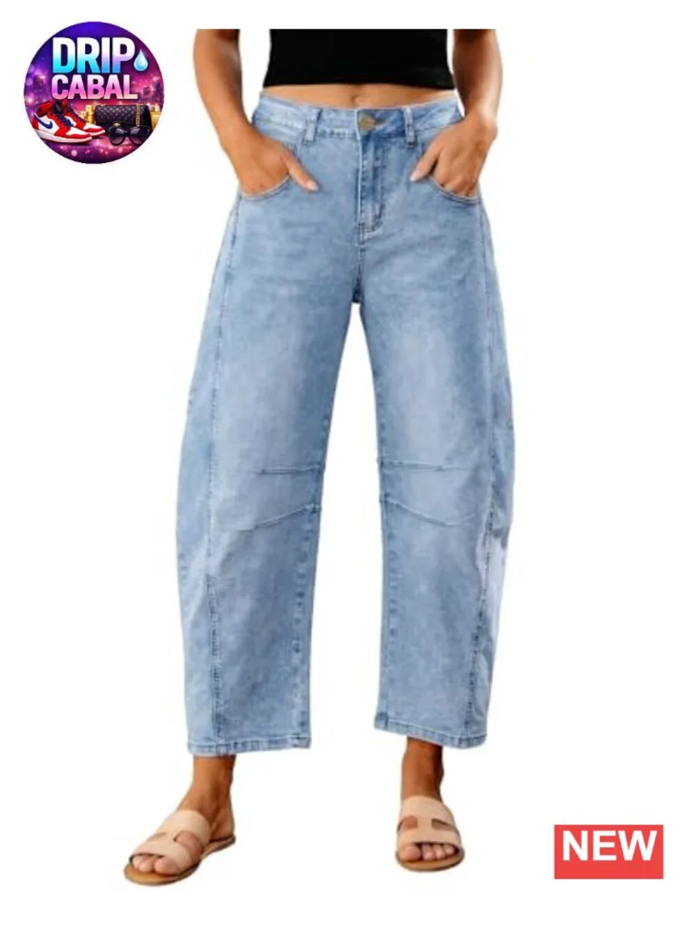 High Waist Baggy Cropped Stretch Denim Barrel Jeans Women 26